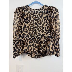 Voila Leopard Print Puff Sleeve Peplum Blouse Brown Black Animal Print Top M